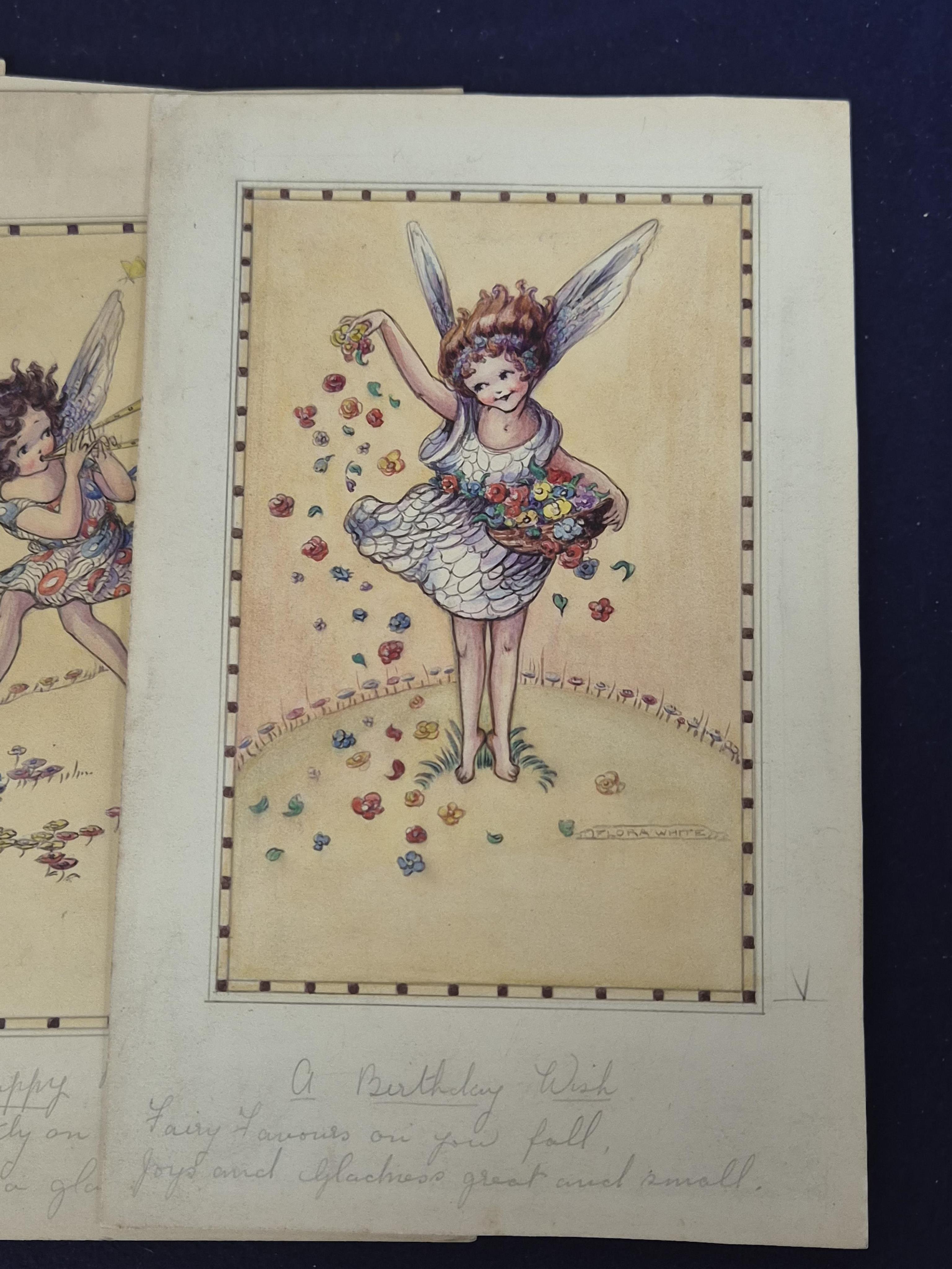 Flora White (Early 20th. C), Set of six original watercolours for children's birthday cards, Flower Fairies, each signed, inscribed in pencil, 23 x 14cm